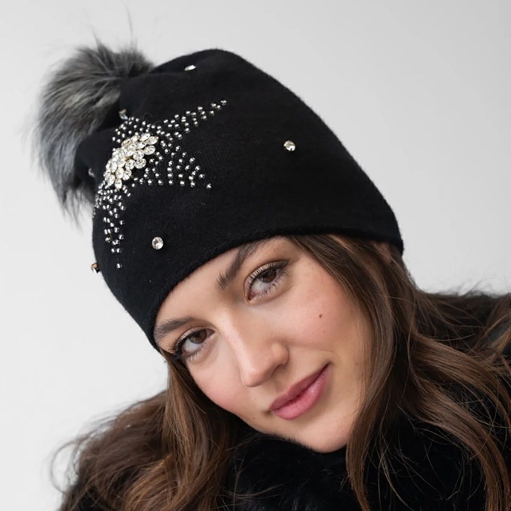 NWT New Adrienne Landau Black Crystal Embellished Wool Star Pom Pom Hat/Beanie